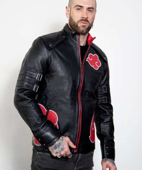 Mens Naruto Akatsuki Cloak Black Leather Jacket