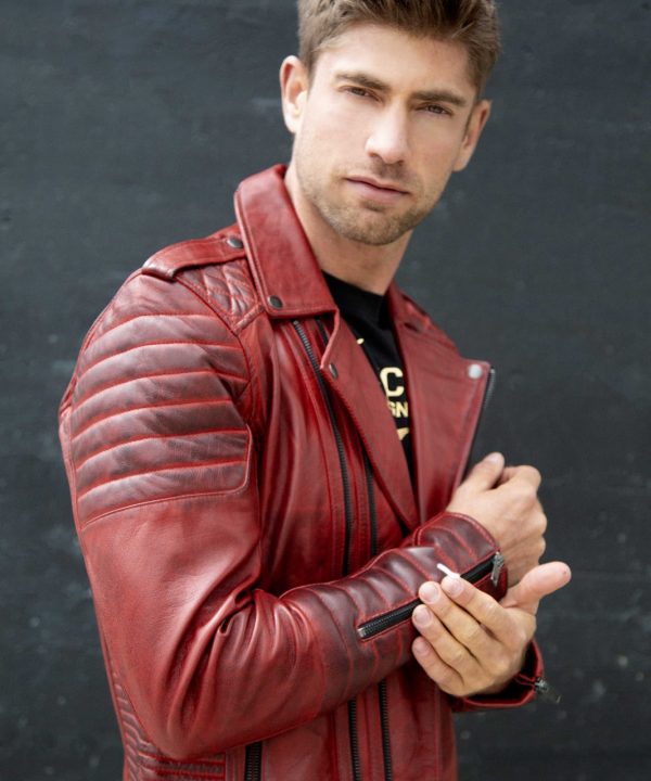 Mens Red Quilted Biker Leather Motorcycle Jacket