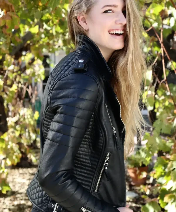 Womens Quilted Leather Motorcycle Jacket Black
