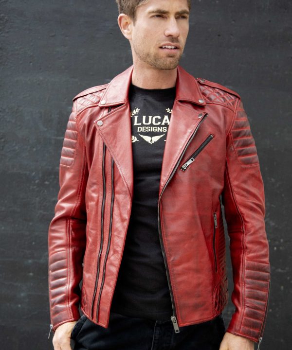 Mens Red Quilted Biker Leather Motorcycle Jacket