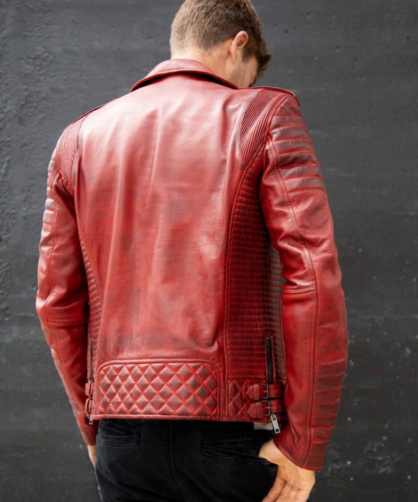 Mens Red Quilted Biker Leather Motorcycle Jacket