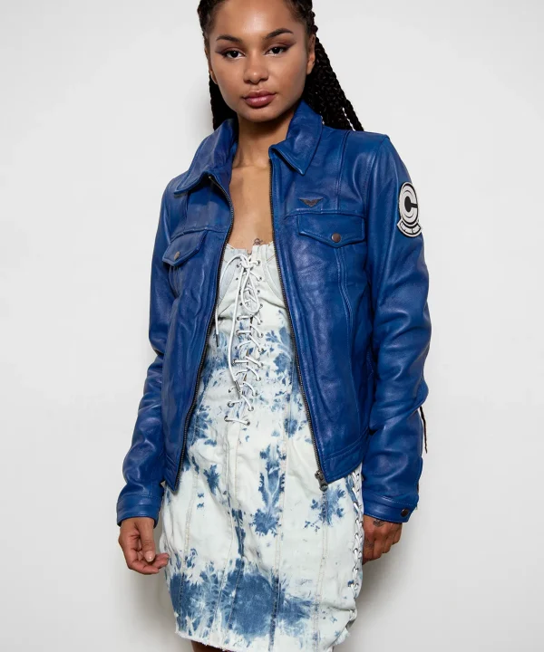 womens future trunks blue leather jacket
