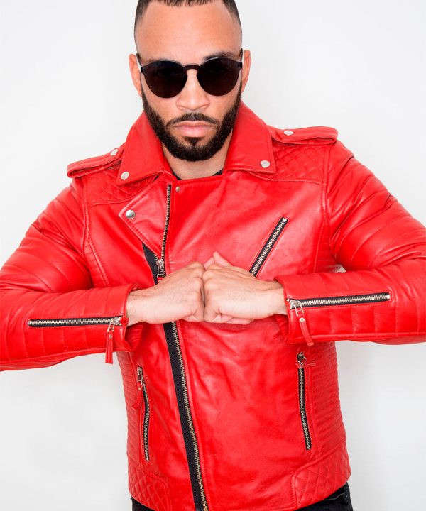 Mens Quilted Biker Leather Motorcycle Jacket Red