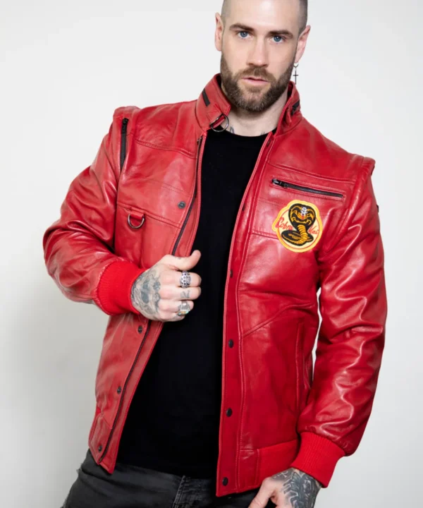 mens cobra kai red leather jacket