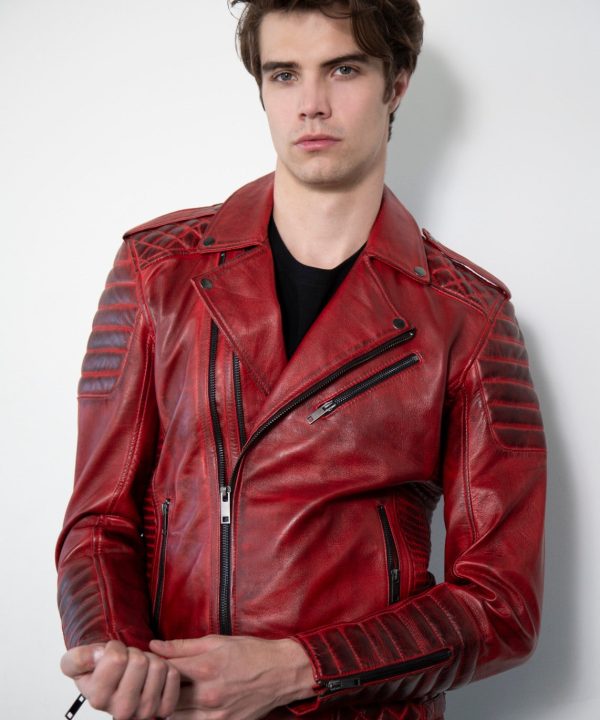 Quilted Red Moto Leather Jacket Smoky Finish