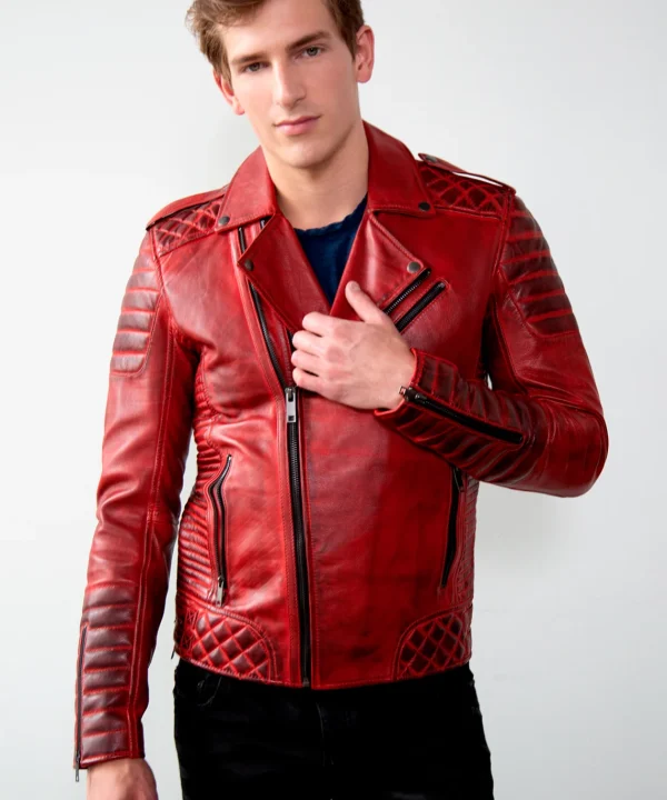 Mens Burnt Red Quilted Biker Leather Motorcycle Jacket