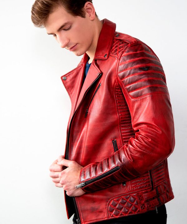 Mens Burnt Red Quilted Biker Leather Motorcycle Jacket