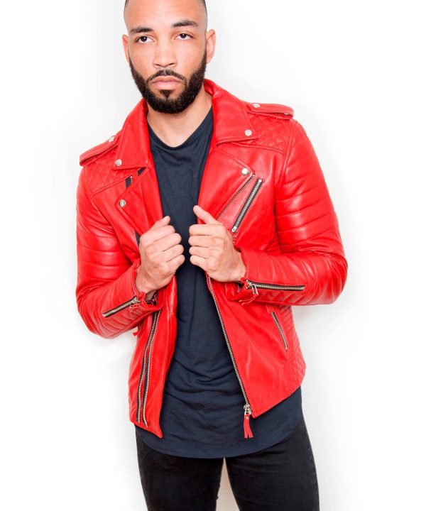 Mens Quilted Biker Leather Motorcycle Jacket Red