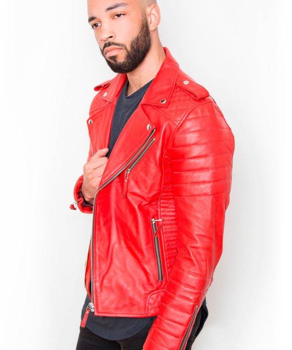Mens Quilted Biker Leather Motorcycle Jacket Red