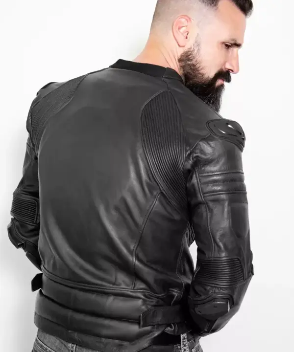 black motorcycle body armor leather jacket
