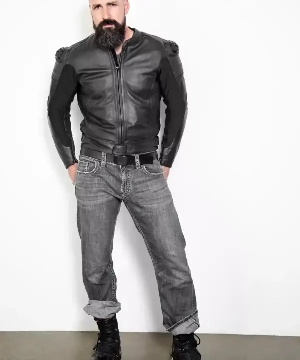black motorbike armor leather jacket