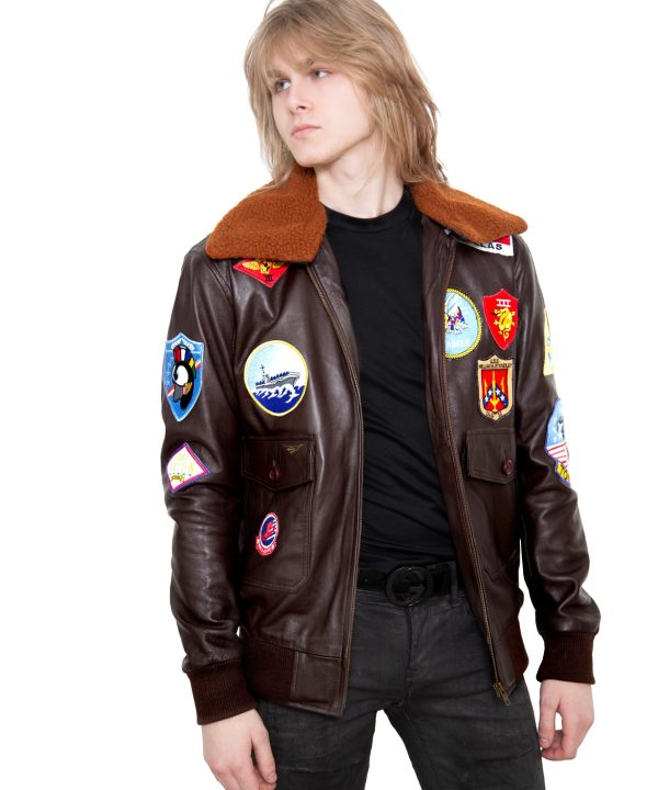 Top Gun Brown Leather Jacket with Patches
