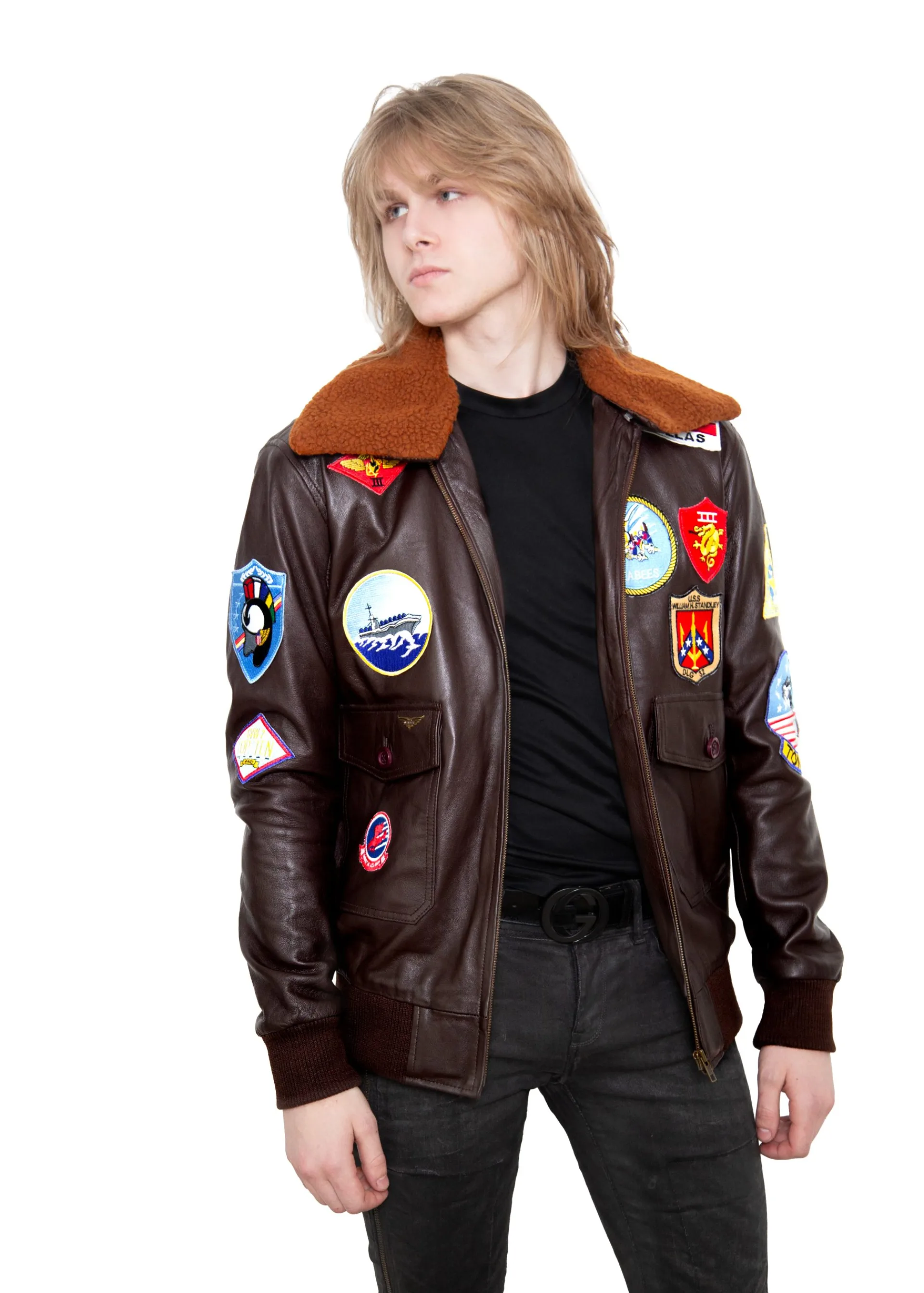 Top Gun Brown Leather Jacket with Patches